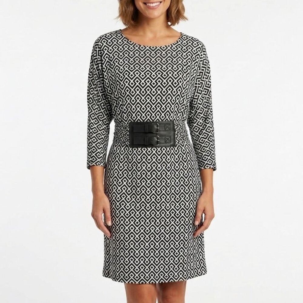 Michael Kors Geometric Corporate Goth Belted Dress - Black/White Mod Mini P/M